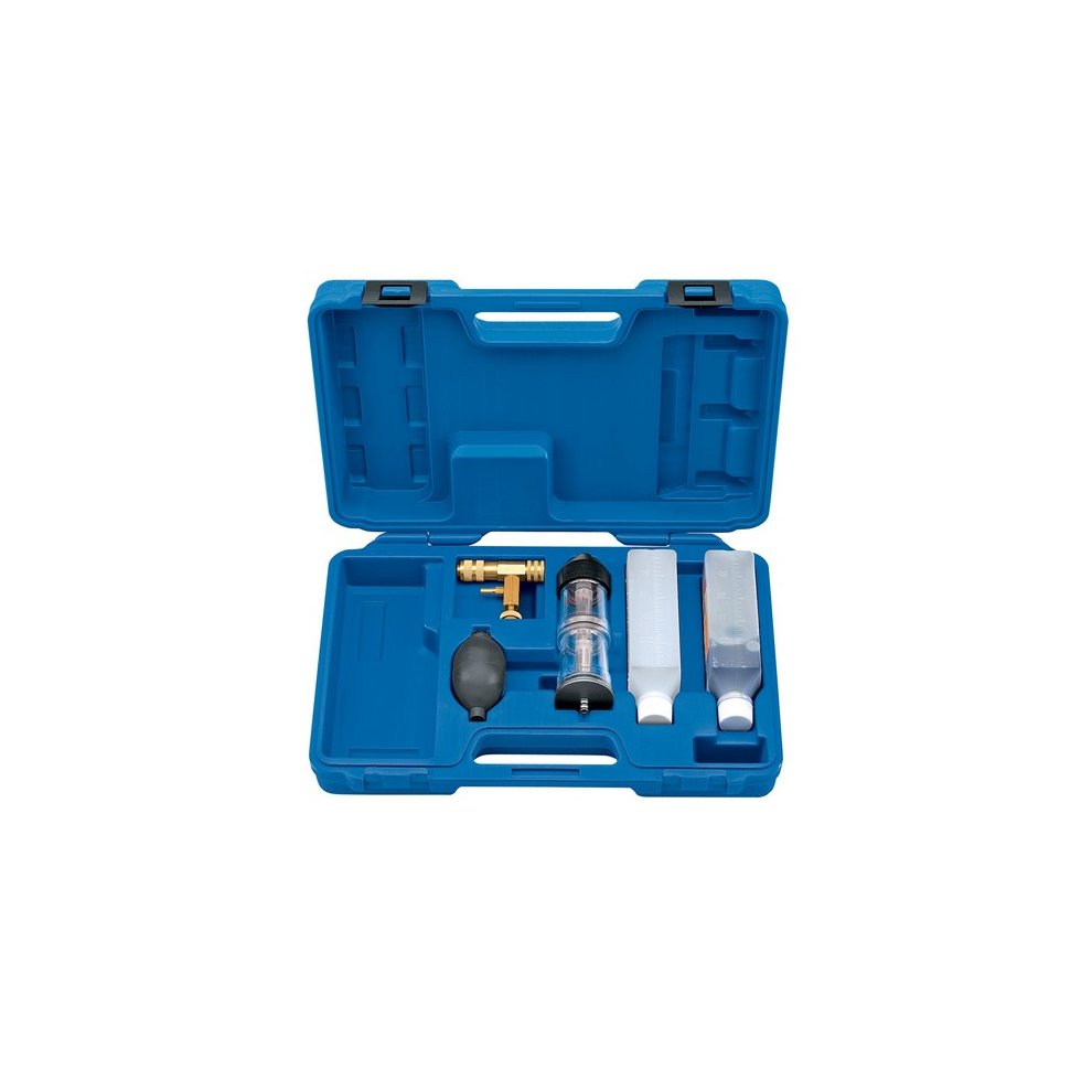 Draper Expert 23257 Combustion Gas Leak Detector Kit in a blue plastic case, featuring a gas detector, bottles, and a bulb for testing, organized in custom compartments.