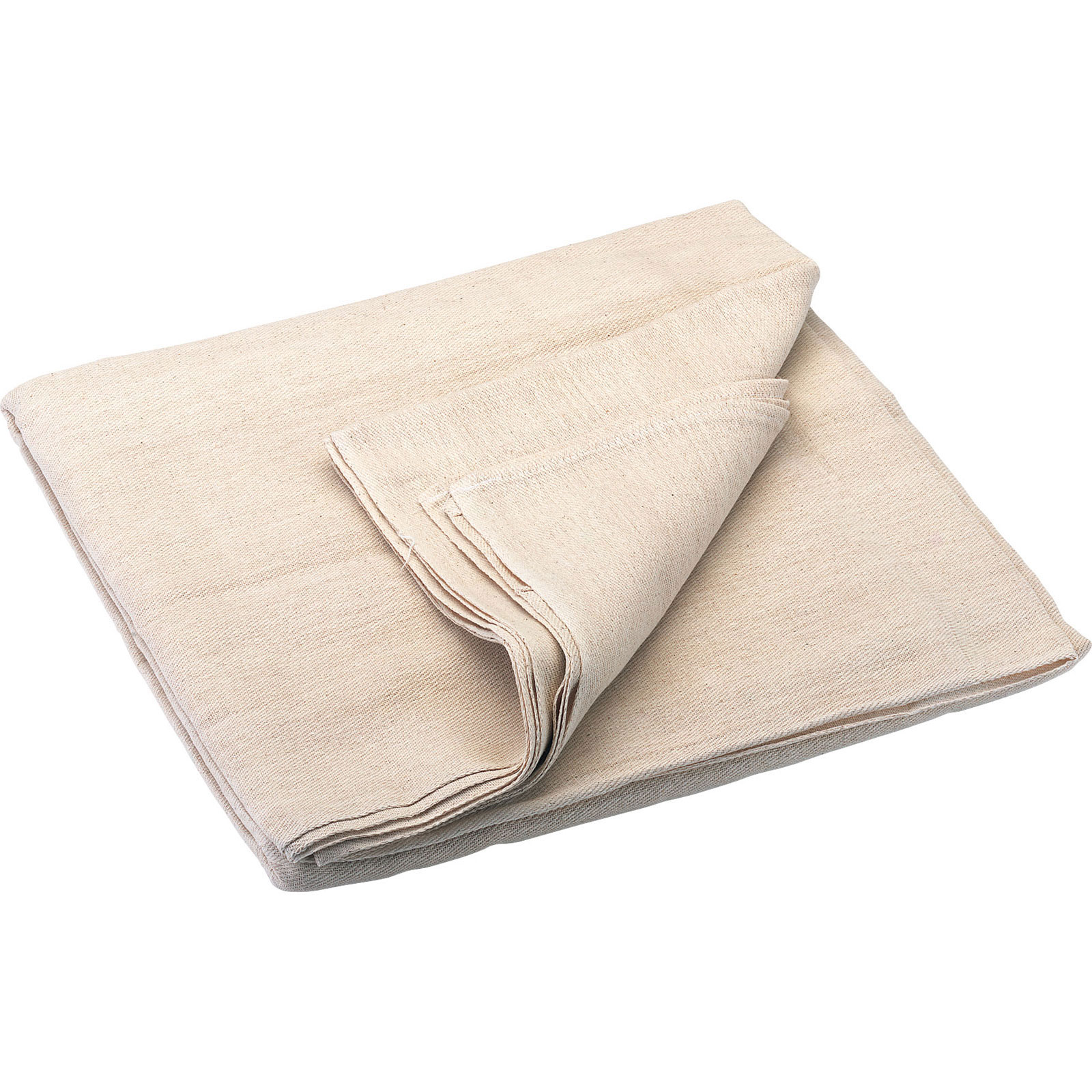 Beige cotton dust sheet measuring 3.6 x 2.7 meters, folded neatly with visible stitching along the edges, ideal for protecting surfaces during painting or renovation.