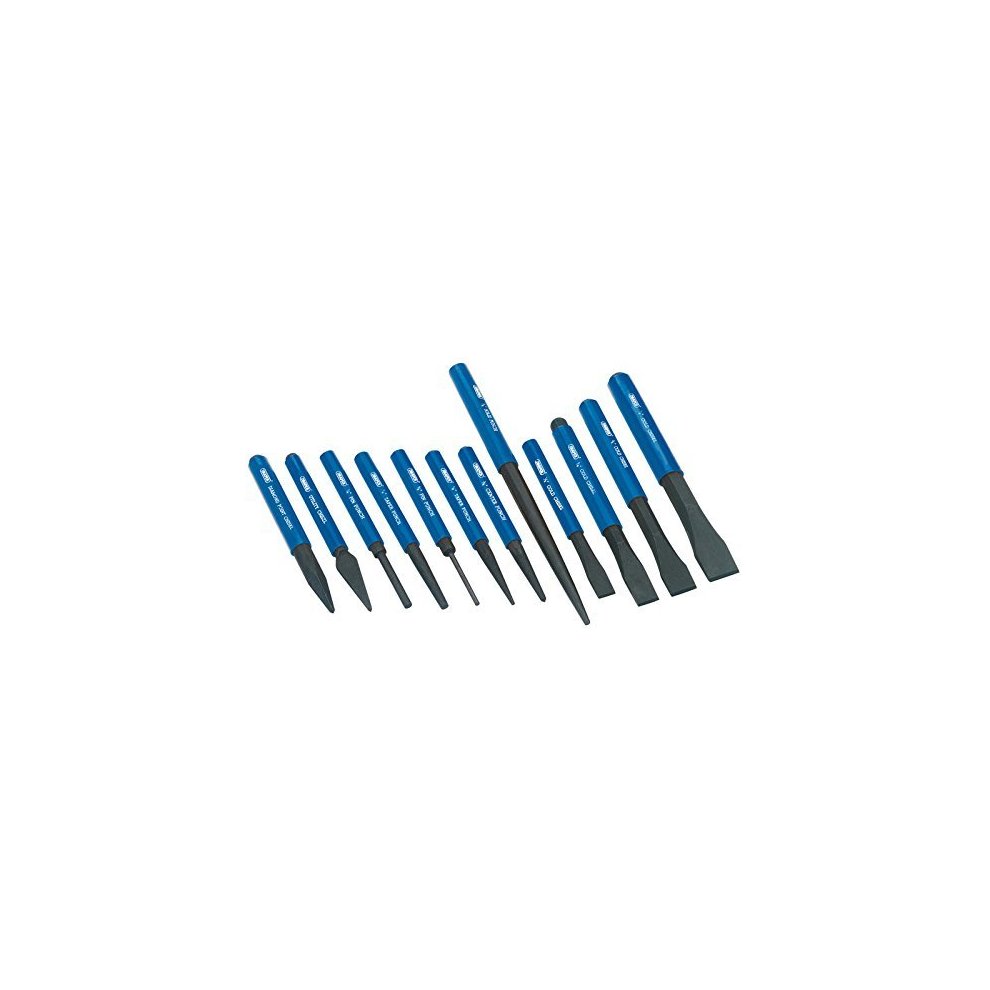 Twelve-piece cold chisel and punch set featuring blue rubberized handles and steel tips, arranged in a neat row, ideal for metalworking and construction tasks.