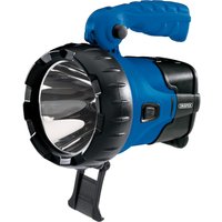 Blue and black Draper Cree LED rechargeable spotlight with ergonomic handle and adjustable stand, 10W, 850 lumens.