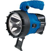 Blue Draper Cree LED rechargeable spotlight, 5W, 360 lumens, with black grip handle and foldable stand.