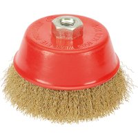 Red Draper crimped wire cup brush, 125mm, M14, with brass bristles and hexagonal nut on top.