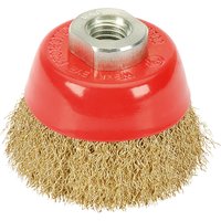 Red and brass Draper crimped wire cup brush, 60mm diameter, with M14 threaded hole on top.