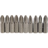 Pack of 10 silver Draper cross slot insert bits, 1/4" hex, 25mm long, No.2, aligned in a row.
