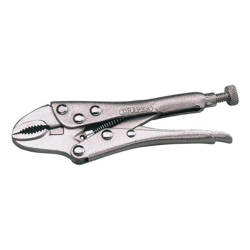 Silver metal curved jaw self-grip pliers with a textured grip, featuring a locking mechanism and adjustable screw for various gripping tasks.