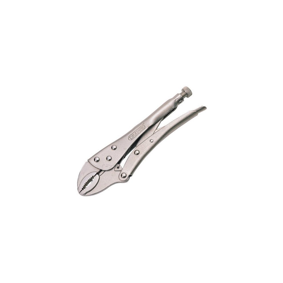 Silver metal curved jaw self-grip pliers with a textured grip, featuring a locking mechanism and serrated jaws for enhanced grip and versatility.