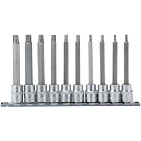 "Draper 10-piece TX-STAR Plus socket bit set with silver 3/8'' drive sockets on a black rail"