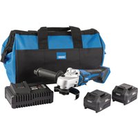 Blue and black Draper 20V angle grinder with two batteries, fast charger, and carrying bag.