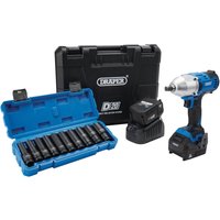 Draper D20 blue and black impact wrench kit with charger, black case, and blue box of 10 metric deep impact sockets.