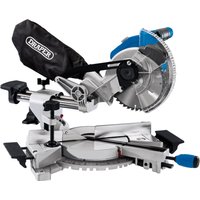 Draper D20 20V brushless mitre saw with 185mm blade, silver body, black dust bag, and blue accents.