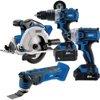 Draper D20 20V tool kit with blue and black cordless drill, circular saw, impact driver, and multi-tool.