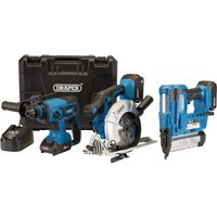Blue Draper D20 20V cordless tool kit with drill, circular saw, nail gun, charger, and black carrying case.