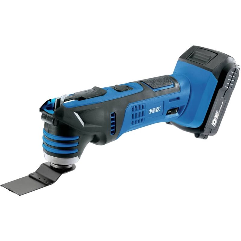 Draper 00595 D20 20V oscillating multi-tool in blue and black, featuring a textured grip, removable battery, and a metal cutting blade attachment.