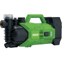 Green and black Draper D20 20V water pump with handle, control panel, and visible inlet and outlet connections.