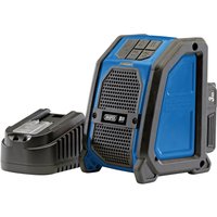 Blue and black Draper D20 20V wireless speaker with a 3.0Ah battery and charger, featuring a rugged design and control panel.