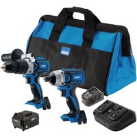 "Draper D20 Combi/Driver Kit with blue and black cordless drills, charger, batteries, and a blue carrying bag"