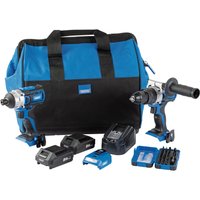 Blue and black Draper D20 Fix 'N' Go Kit with two drills, batteries, charger, and a carry bag.
