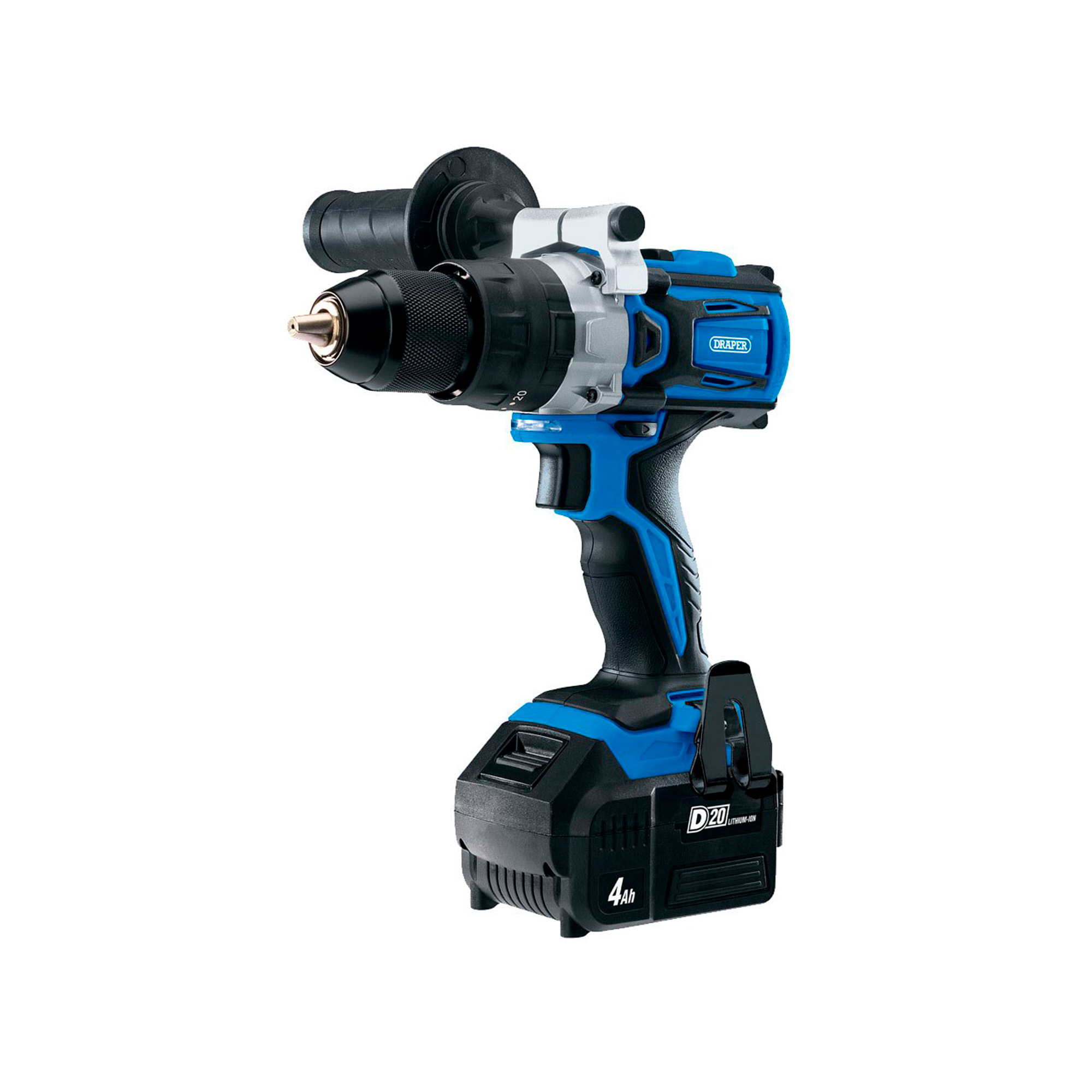 Draper 79894 D20 20V brushless combi drill in blue and black, featuring a keyless chuck, ergonomic handle, and a 4.0Ah battery attached to the base.