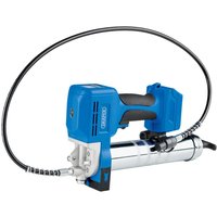 Blue Draper D20 20v cordless grease gun with black handle, flexible hose, and silver grease tube.