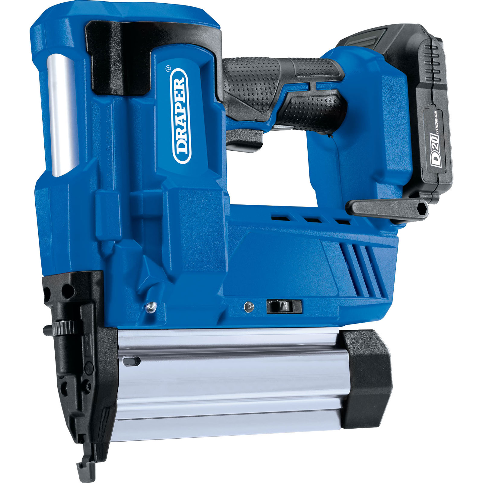 Blue Draper 00646 D20 20V nailer/stapler featuring a textured black grip, aluminum magazine, and includes a 2Ah battery and charger.