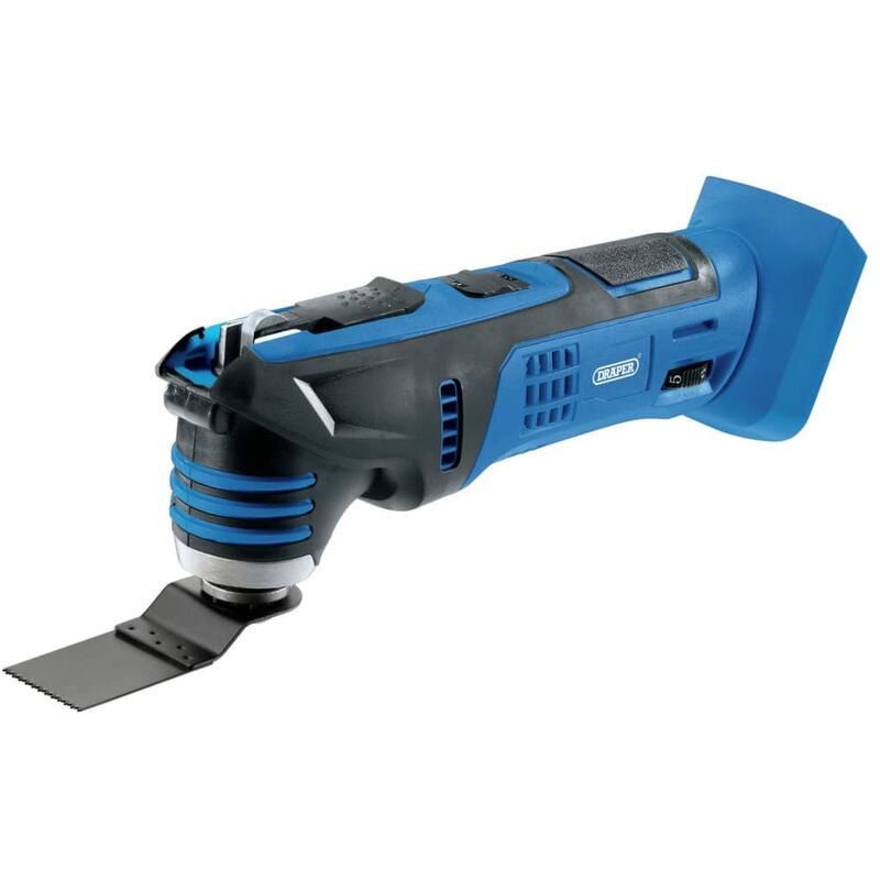 Draper 55604 D20 20V oscillating multi-tool in black and blue, featuring a textured grip, adjustable speed settings, and a metal cutting blade attachment.