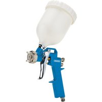 Blue Draper gravity air paint spray gun with white top-mounted paint cup and metal nozzle.