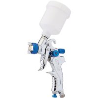 Draper DAT-HASG100 HVLP air paint spray gun, silver with blue accents and white paint cup on top.