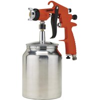 Orange Draper suction air paint spray gun with silver metal paint cup and adjustable nozzle.