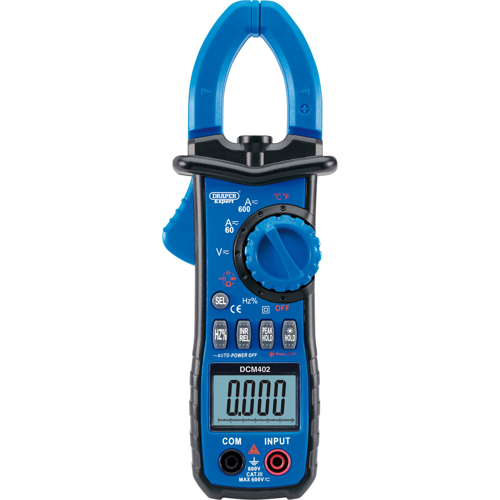 Draper Expert 41967 digital clamp meter in blue and black, featuring an LCD display, auto-ranging function, and selection buttons for measuring current and voltage.