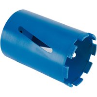 Blue Draper diamond core bit, 107 x 150mm, with segmented cutting edge and side slots for dust removal.