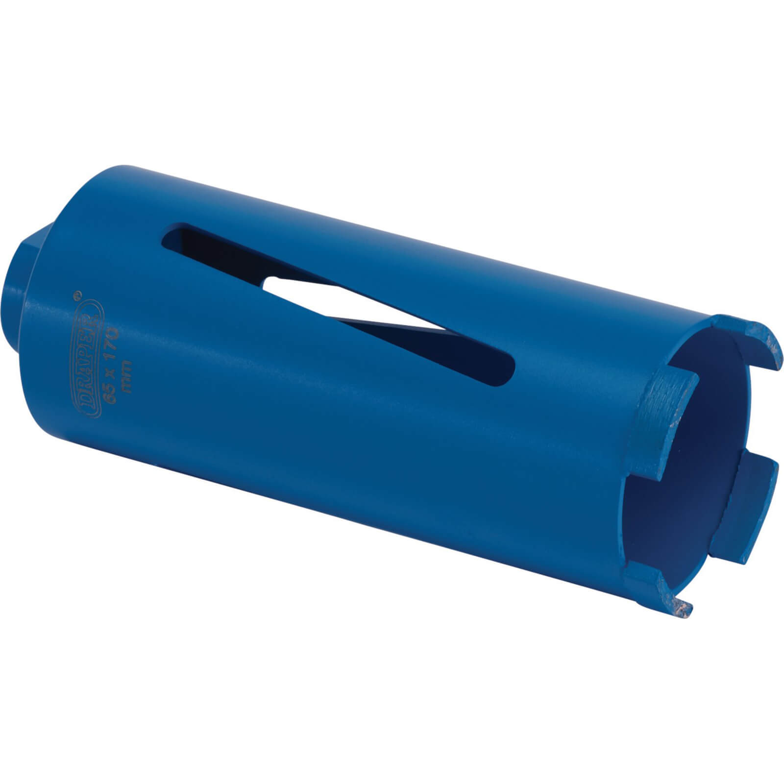 Blue diamond core drill bit, 65 x 170mm, featuring a cylindrical shape with cut-out slots for efficient drilling and a durable design for various materials.