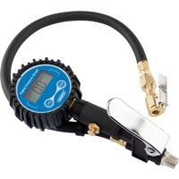 Draper digital in-line tyre inflator with blue LCD screen, black hose, and brass fittings.
