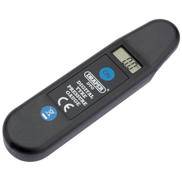 Black digital tyre pressure reader with a clear LCD display, featuring an "ON" button and a blue label indicating "Draper Digital Tyre Pressure Gauge."