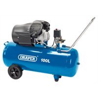 Blue Draper Direct Drive V-Twin Air Compressor, 100L tank, black motor housing, two wheels, and a metal handle.