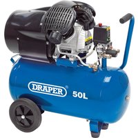Blue Draper 50L air compressor with black motor housing, V-twin design, wheels, and handle for portability.