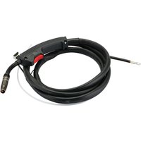 Black Draper MIG torch with red trigger, attached gas hose, and ergonomic handle, 160A capacity.