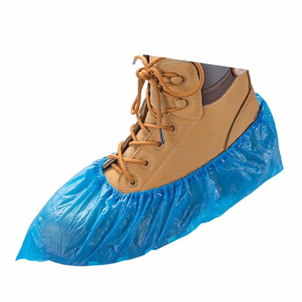 Blue disposable overshoe cover made of plastic, featuring an elastic band for a snug fit, designed to protect footwear, shown over a brown lace-up boot.