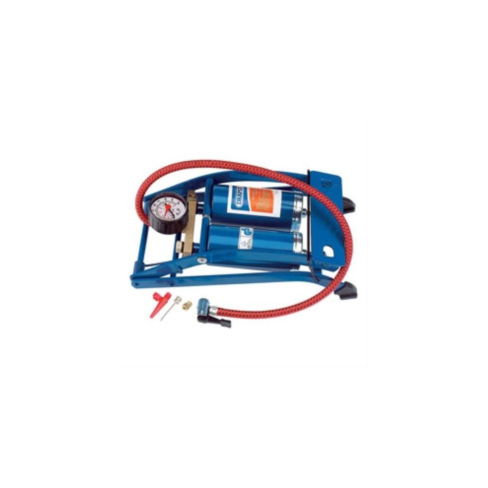 Blue double cylinder foot pump with a pressure gauge, red hose, and various attachments, designed for efficient inflation.