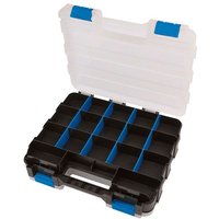 Black and clear Draper double sided organiser with blue latches and multiple compartments for storage.