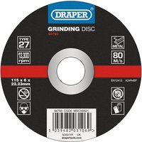 Draper DPC metal grinding disc, black with red stripe, 115 x 6 x 22.23mm, labeled for metal use, 80 m/s speed.