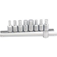 Draper Drain Plug Key Set, 10-piece, silver metal sockets with 3/8" square drive, arranged on a metal rail.