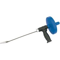 Blue and black Draper drain unblocker with 7.6m flexible metal coil and pistol grip handle.