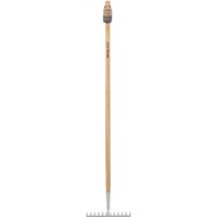 Stainless steel garden rake with long ash handle and 12 flat tines, featuring a smooth wooden grip.