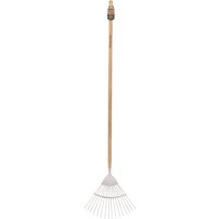 Stainless steel lawn rake with long ash handle and wide fan of metal tines.