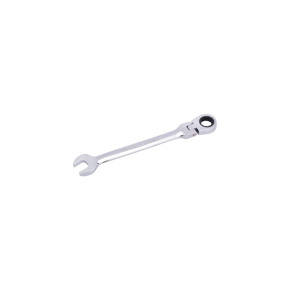 Silver 15mm metric flexible head ratcheting combination wrench with a polished finish and a black socket opening, designed for high torque applications.