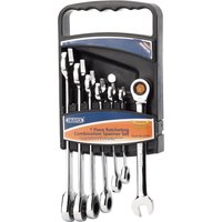 Draper 7-piece silver ratcheting combination spanner set with black holder, featuring HI-TORQ design and metric sizes.