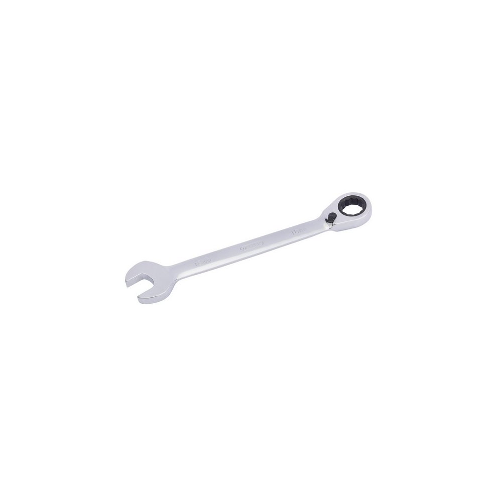 Silver 18mm Draper Hi-Torq® metric reversible ratcheting combination wrench with a polished finish and a circular ratchet head for easy use in tight spaces.