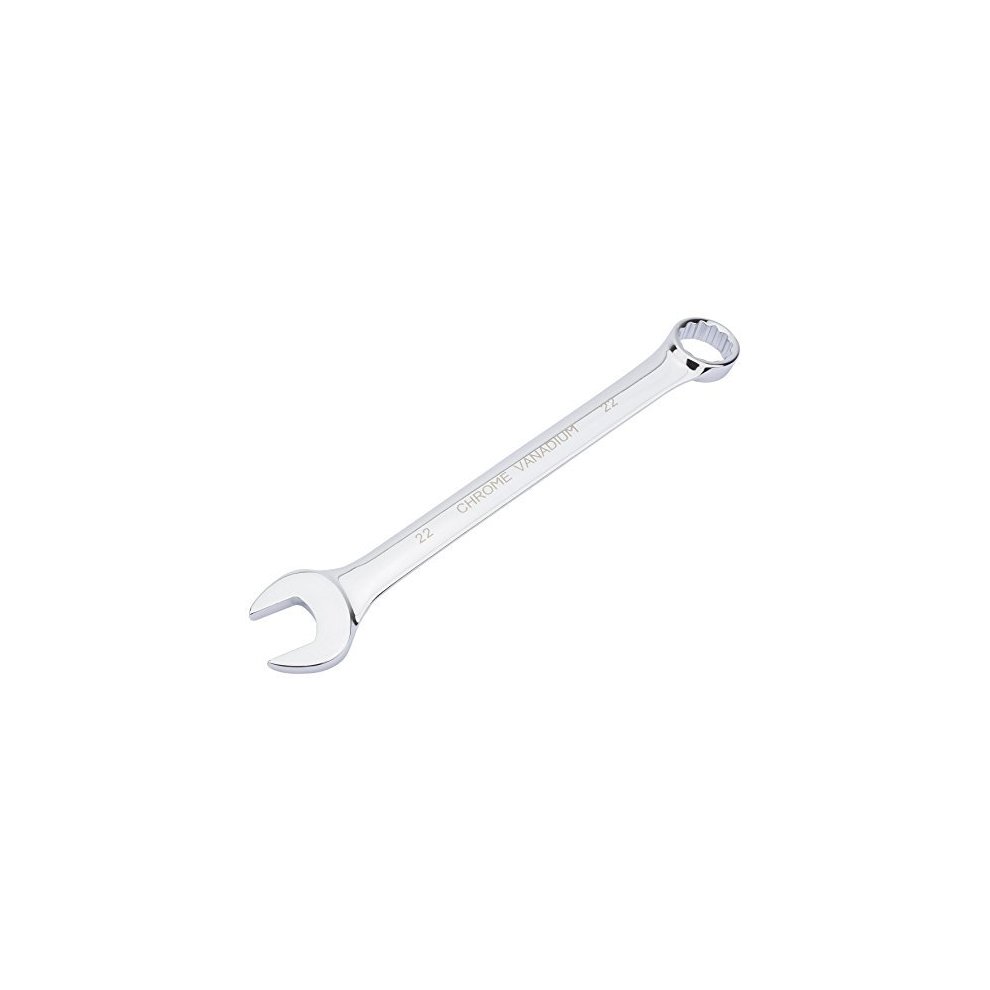 Shiny chrome-plated 22mm short pattern metric combination spanner with an open-end and a socket end, featuring engraved size markings for easy identification.