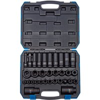 Draper impact socket set in blue case, 32 pieces with 3/8" and 1/2" square drive sockets neatly arranged.