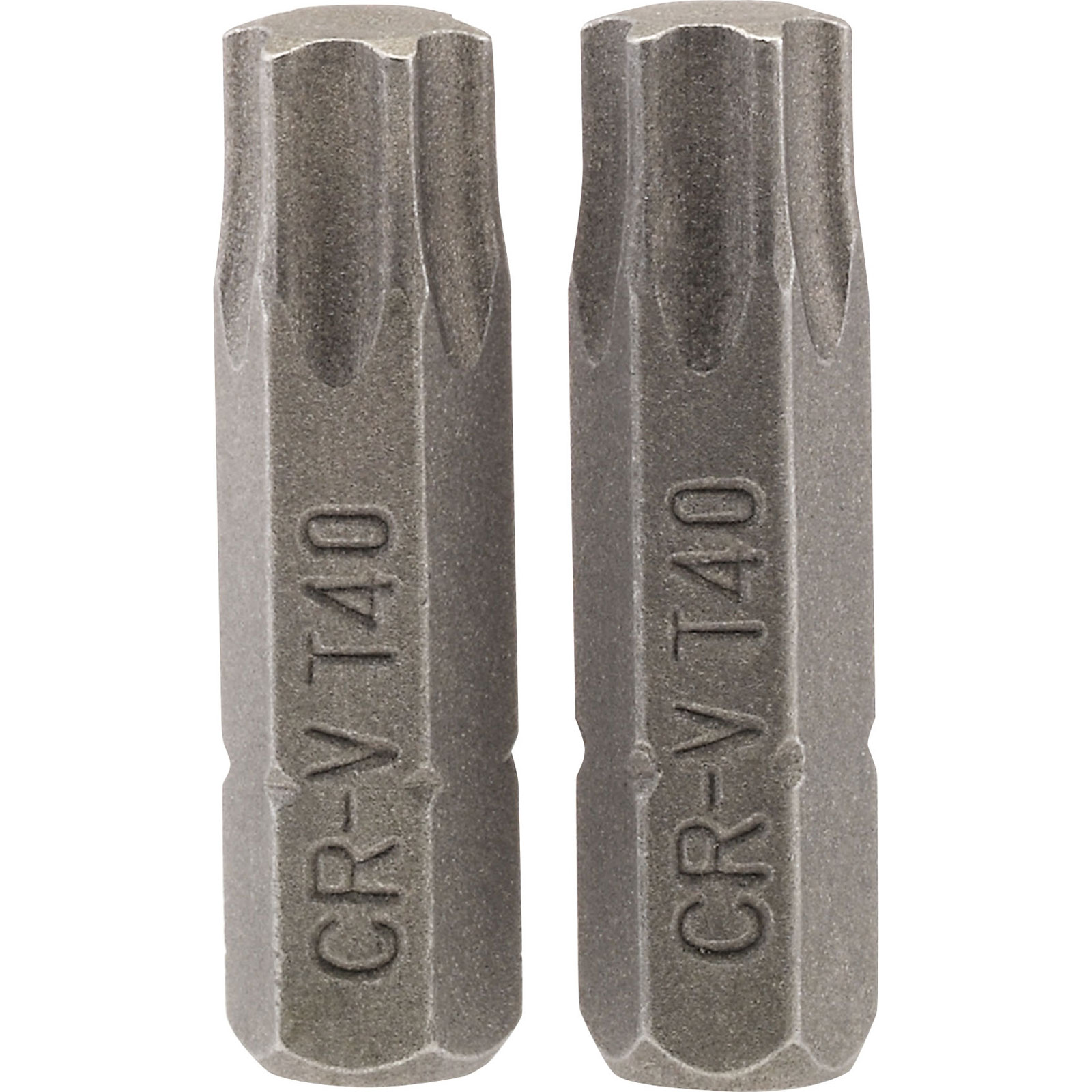 Two Draper T40 1/4" Hex TX-STAR® insert bits, 25mm long, made of durable steel with a matte gray finish, featuring engraved markings for easy identification.